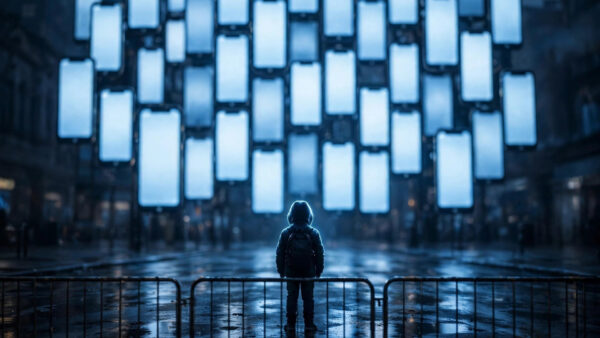Child's silhouette behind a barrier fence facing a towering wall of glowing smartphone screens, symbolising the global social media age bans for children