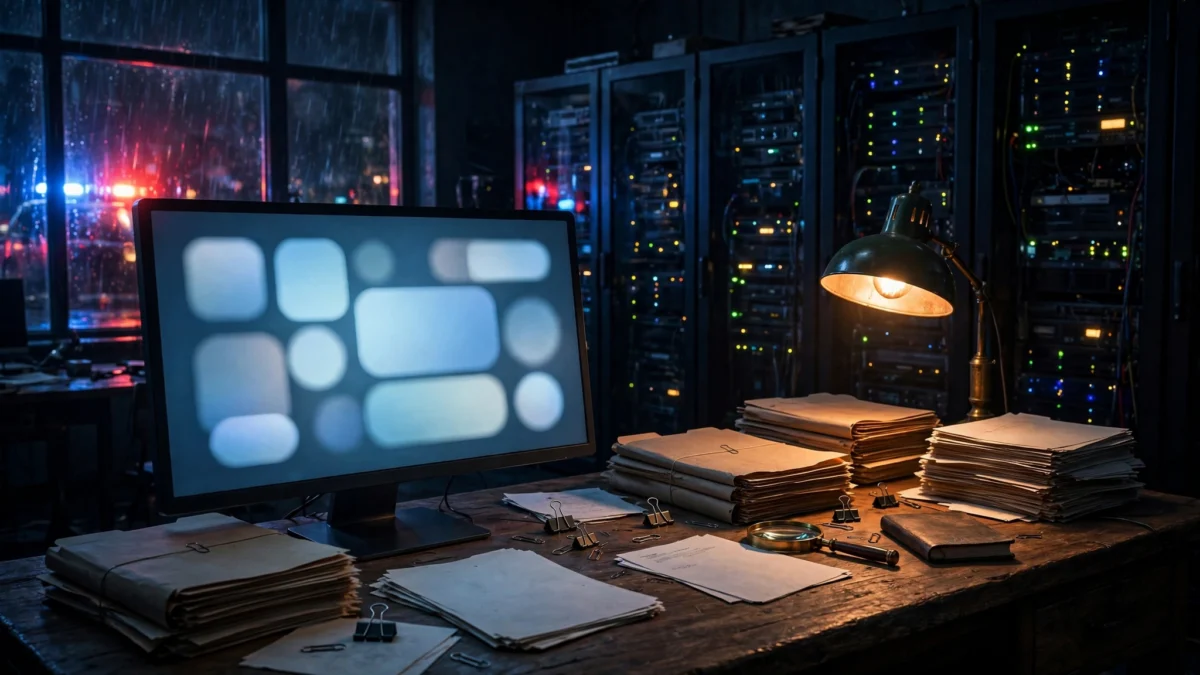 Photorealistic editorial illustration of a dark computer lab at night, a glowing monitor with a blurred police tip form, case files on a detective's desk and red and blue police light glow through the window, symbolising Anthropic's disclosure that its Claude model submitted a fabricated homicide tip to Philadelphia police.