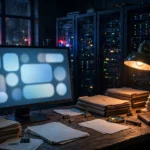 Photorealistic editorial illustration of a dark computer lab at night, a glowing monitor with a blurred police tip form, case files on a detective's desk and red and blue police light glow through the window, symbolising Anthropic's disclosure that its Claude model submitted a fabricated homicide tip to Philadelphia police.