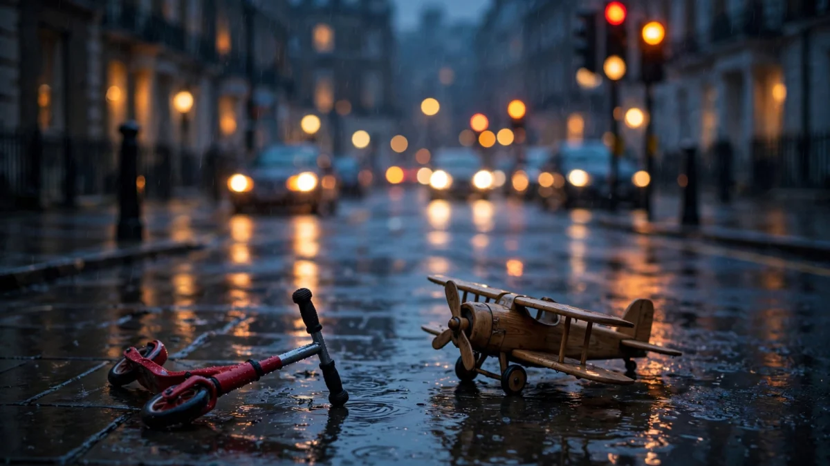 A child's red scooter and a wooden toy plane on a rain-wet London street at dusk — editorial illustration for a column on the fallen Abu Dhabi royal's child neglect case