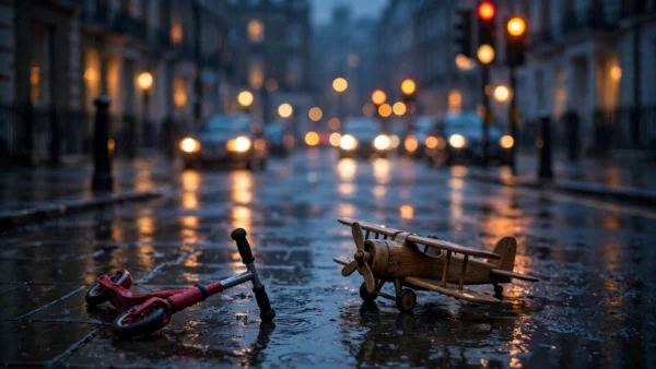 A child's red scooter and a wooden toy plane on a rain-wet London street at dusk — editorial illustration for a column on the fallen Abu Dhabi royal's child neglect case
