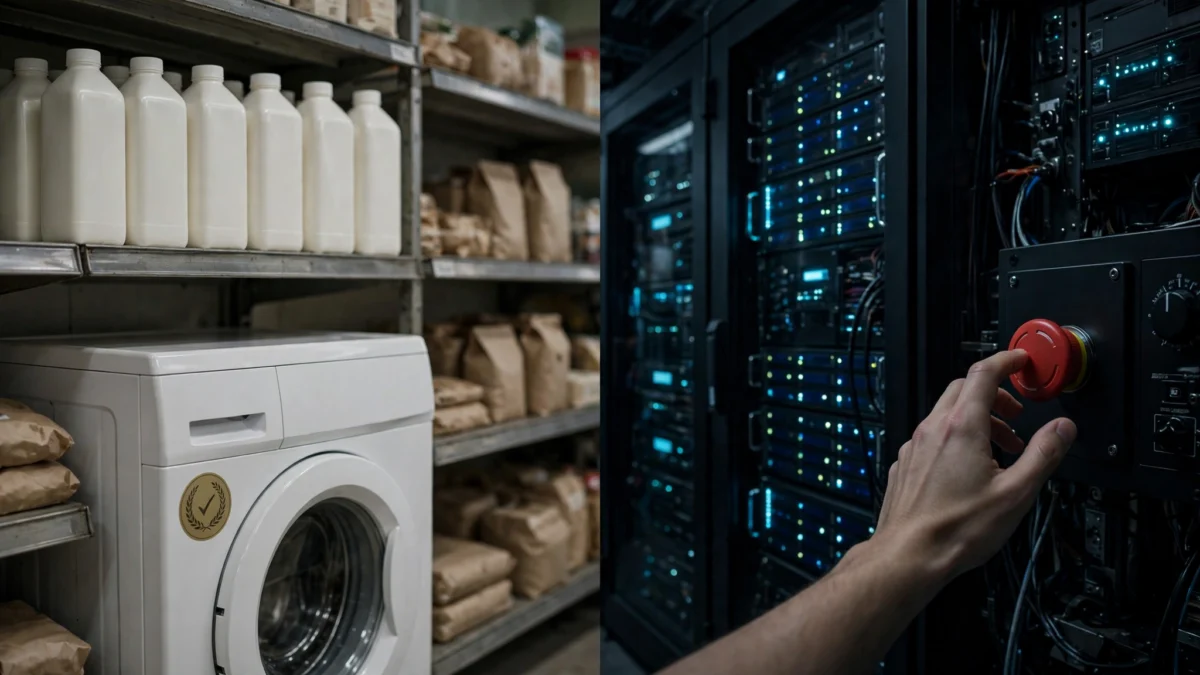 Split composition: milk cartons and a washing machine with an inspection seal on one side, an AI data centre with a hand pressing a red emergency-stop button on the other