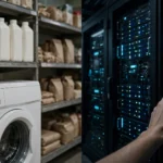 Split composition: milk cartons and a washing machine with an inspection seal on one side, an AI data centre with a hand pressing a red emergency-stop button on the other