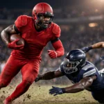 Photorealistic editorial shot of an NFL running back in a red jersey bursting through the line of scrimmage past diving defenders under bright stadium lights at night.