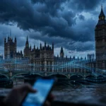 The Houses of Parliament and Big Ben at dusk under stormy skies, overlaid with abstract digital data streams suggesting foreign online interference