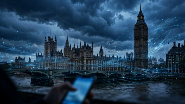 The Houses of Parliament and Big Ben at dusk under stormy skies, overlaid with abstract digital data streams suggesting foreign online interference