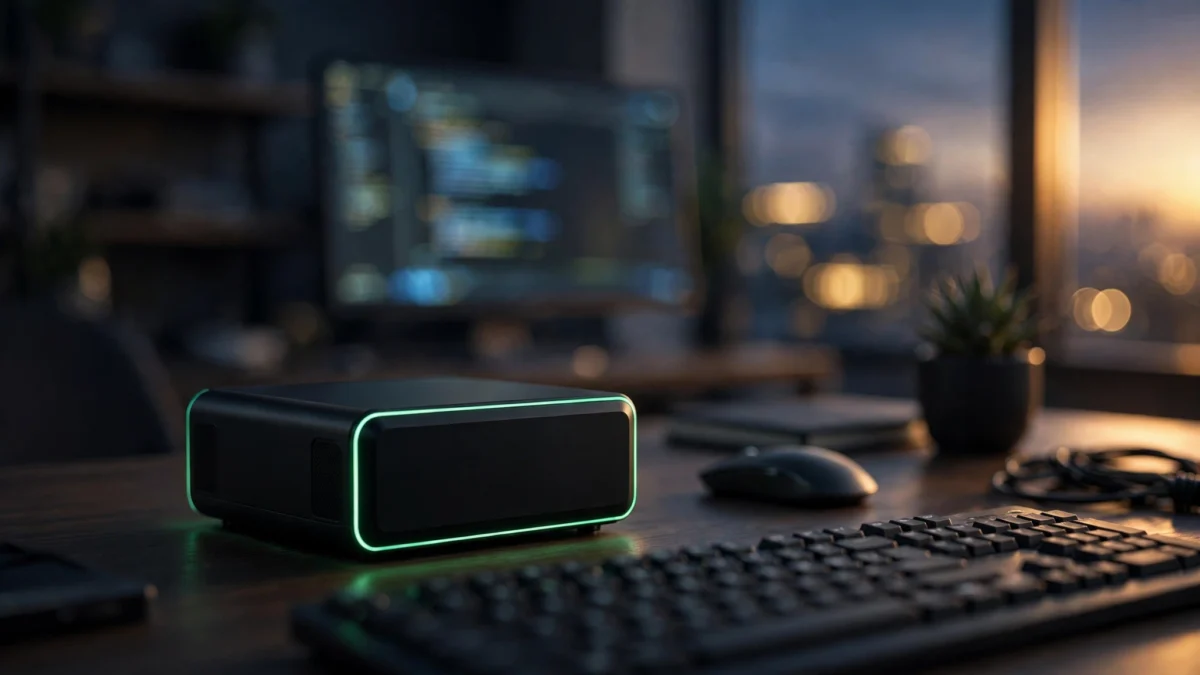 Compact black desktop AI supercomputer with green accent light on a developer workstation