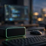 Compact black desktop AI supercomputer with green accent light on a developer workstation
