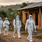 Health workers in full protective equipment walking past a treatment facility in eastern Democratic Republic of Congo during the Ebola outbreak.