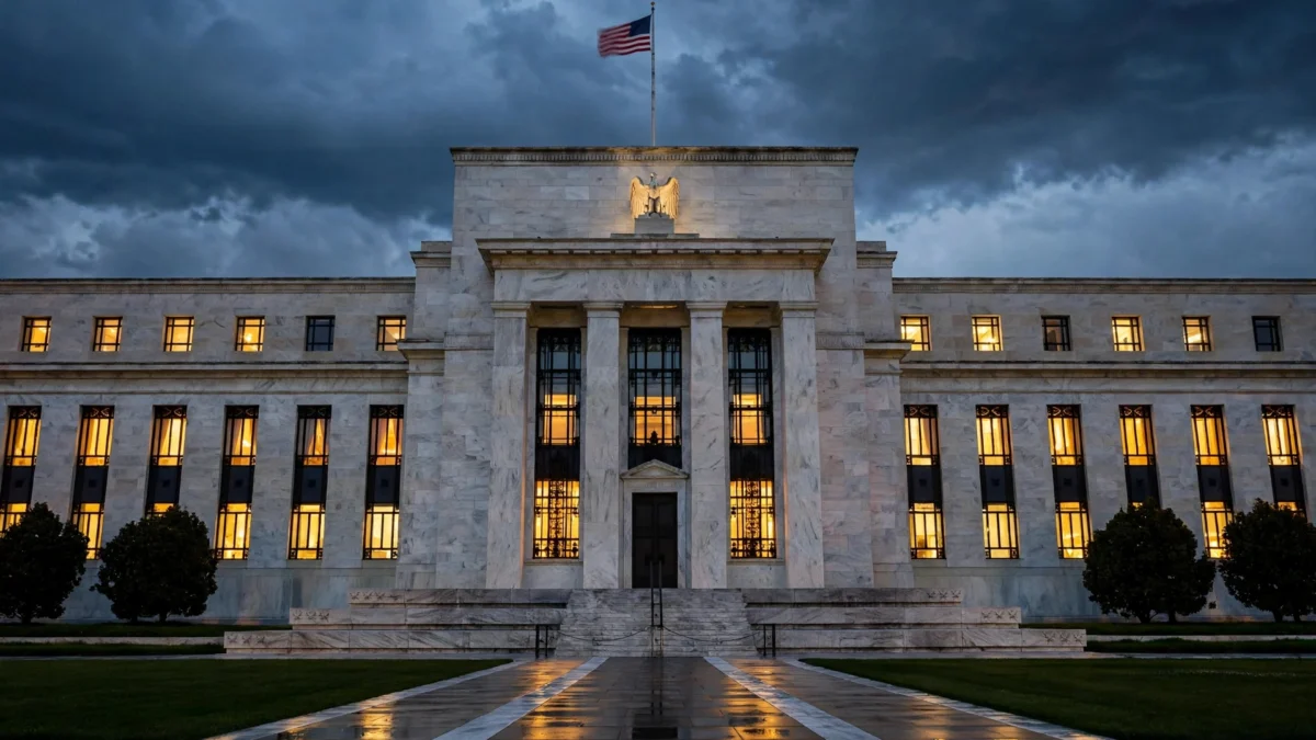 The US Federal Reserve Board headquarters at dusk, its marble facade and glowing windows under a dark sky with the American flag flying above the entrance