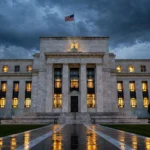 The US Federal Reserve Board headquarters at dusk, its marble facade and glowing windows under a dark sky with the American flag flying above the entrance
