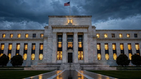 The US Federal Reserve Board headquarters at dusk, its marble facade and glowing windows under a dark sky with the American flag flying above the entrance