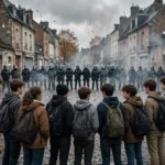 Teenage students with backpacks facing a line of riot police on a street in northern France during the school protests