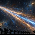 Illustration of a millisecond-long fast radio burst streaking from a small distant dwarf galaxy across the expanding cosmos toward Earth, with radio and space telescope silhouettes, on a 16:9 photorealistic editorial background