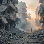 Rescue worker walking through a destroyed Gaza street at dawn among rubble of collapsed buildings