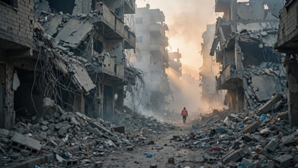 Rescue worker walking through a destroyed Gaza street at dawn among rubble of collapsed buildings