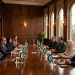 Two Pakistani government delegations seated across a conference table in a wood-panelled parliament chamber for negotiations.