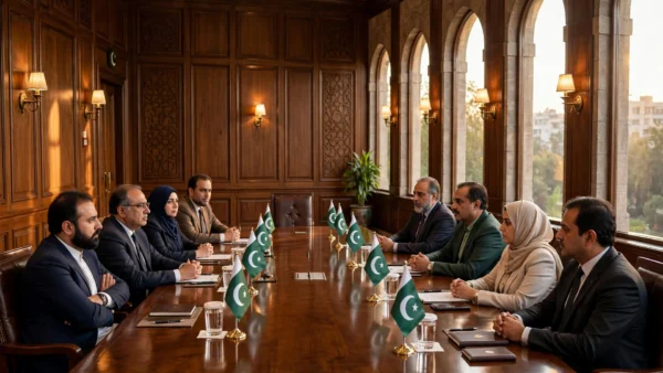 Two Pakistani government delegations seated across a conference table in a wood-panelled parliament chamber for negotiations.