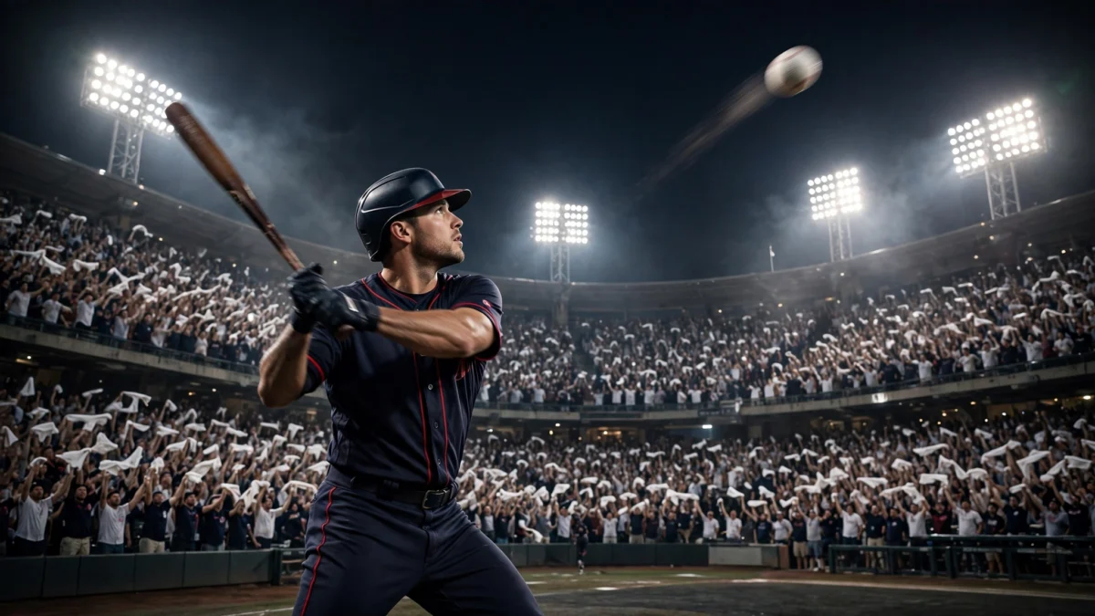 A Cleveland Guardians batter launches a home run deep into the night sky at a packed floodlit stadium during ALDS Game 4 against the Chicago White Sox.