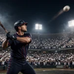 A Cleveland Guardians batter launches a home run deep into the night sky at a packed floodlit stadium during ALDS Game 4 against the Chicago White Sox.