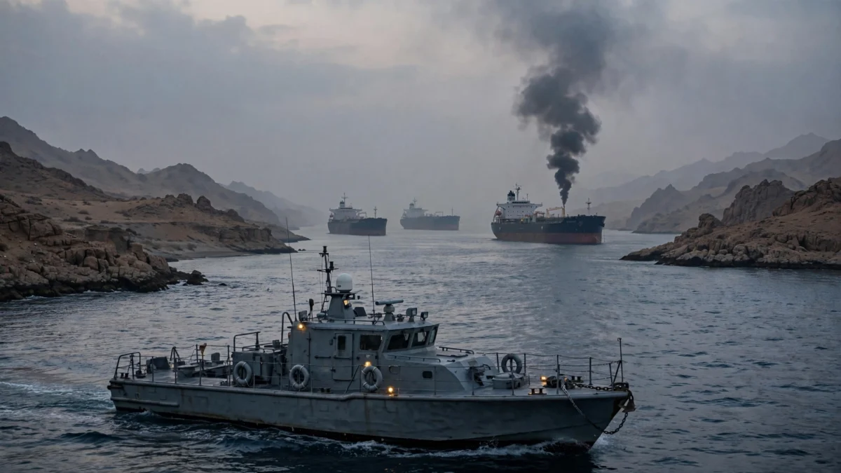 Oil tankers and a naval patrol boat in the narrow Strait of Hormuz with dark smoke rising from a struck vessel at dusk.