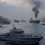 Oil tankers and a naval patrol boat in the narrow Strait of Hormuz with dark smoke rising from a struck vessel at dusk.