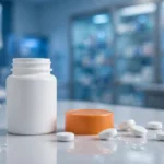Prescription medicine bottle and white tablets on a hospital pharmacy counter, representing the newly FDA-approved oral drug HOVILPRI (pritelivir)