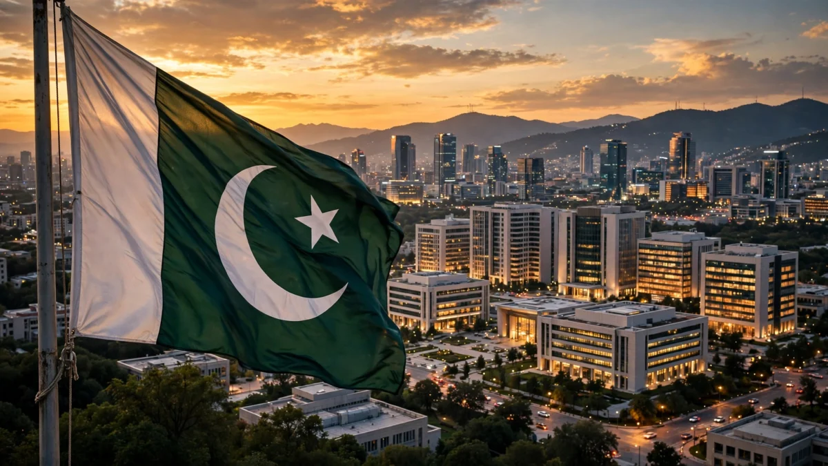 Islamabad's modern skyline at dusk with the Pakistani flag flying in the foreground, symbolising the country's IMF-backed economic programme.