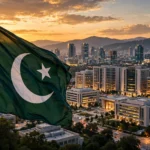 Islamabad's modern skyline at dusk with the Pakistani flag flying in the foreground, symbolising the country's IMF-backed economic programme.