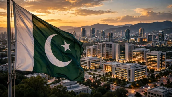 Islamabad's modern skyline at dusk with the Pakistani flag flying in the foreground, symbolising the country's IMF-backed economic programme.