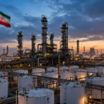 An Iranian oil refinery with distillation towers and storage tanks at dusk, with the Iranian flag flying