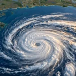 A massive hurricane with a defined eye spiraling over the Gulf of Mexico toward the US Gulf Coast coastline, viewed from above