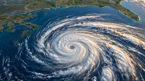 A massive hurricane with a defined eye spiraling over the Gulf of Mexico toward the US Gulf Coast coastline, viewed from above