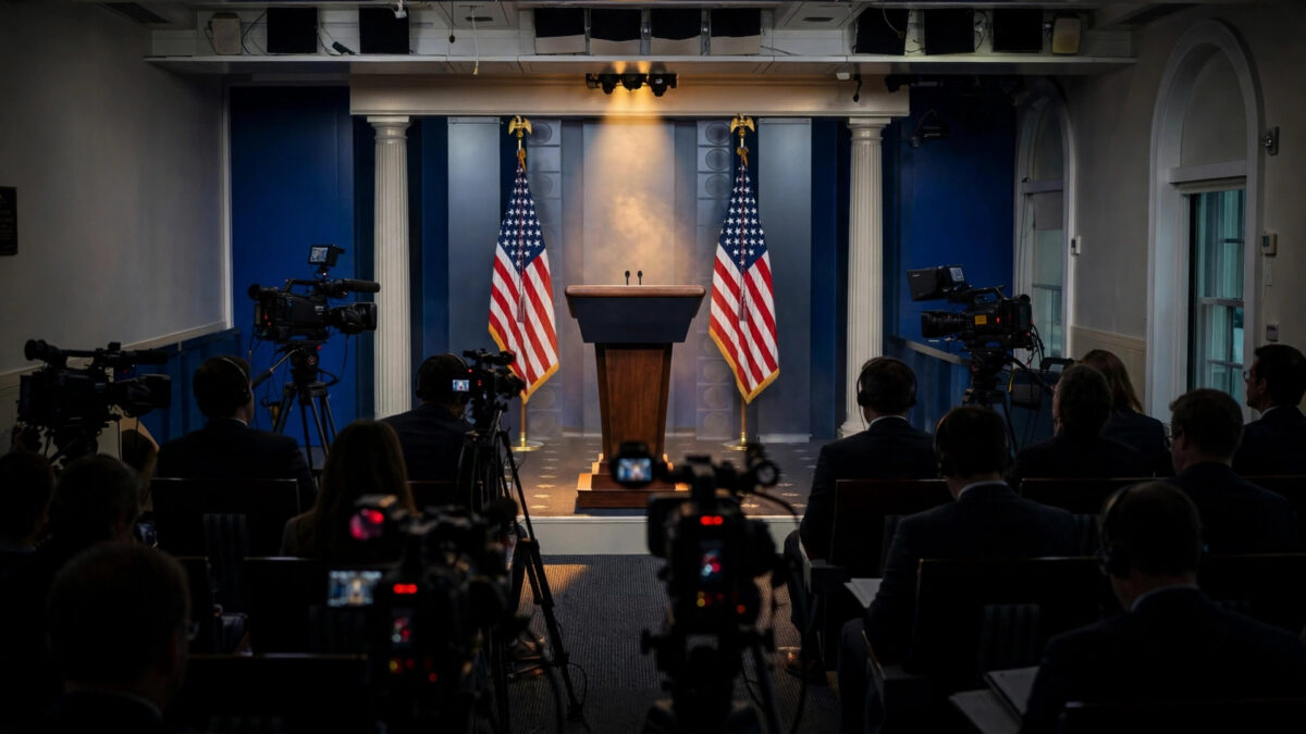 The White House press briefing room with an empty podium, American flags and television cameras