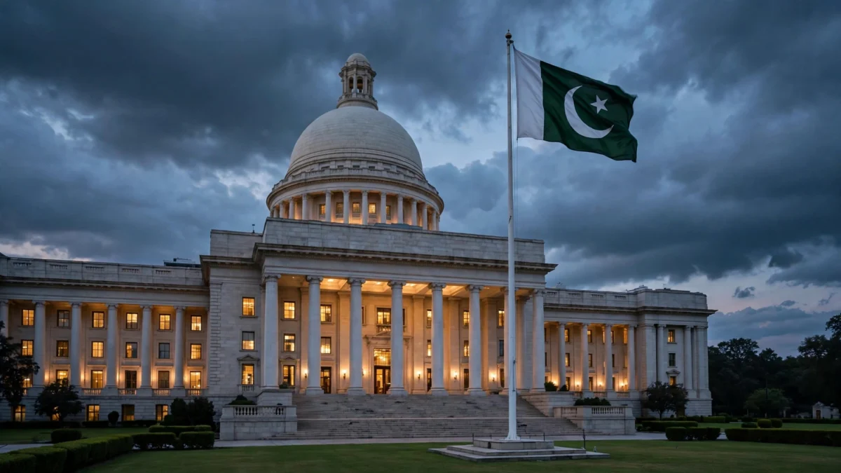Domed Pakistani government building with tall white columns at dusk, the green-and-white Pakistani flag flying from a tall flagpole in front, under dramatic dark clouds.