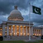 Domed Pakistani government building with tall white columns at dusk, the green-and-white Pakistani flag flying from a tall flagpole in front, under dramatic dark clouds.