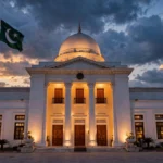 The Khyber Pakhtunkhwa Assembly building in Peshawar at dusk with the Pakistani flag flying, as the federal government weighs emergency measures in the province.