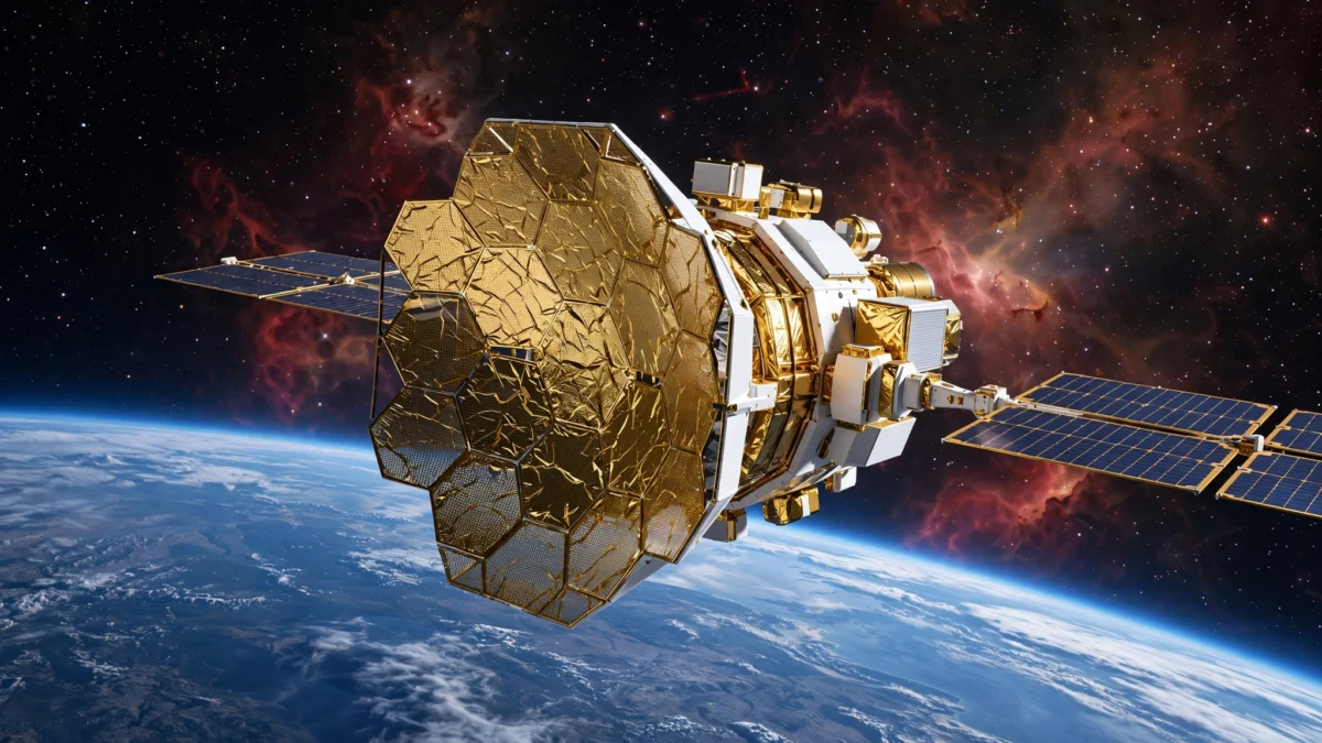Gold NASA PRIMA far-infrared space telescope with solar panels orbiting above Earth against glowing red nebula clouds