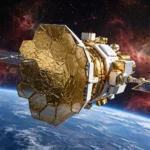 Gold NASA PRIMA far-infrared space telescope with solar panels orbiting above Earth against glowing red nebula clouds