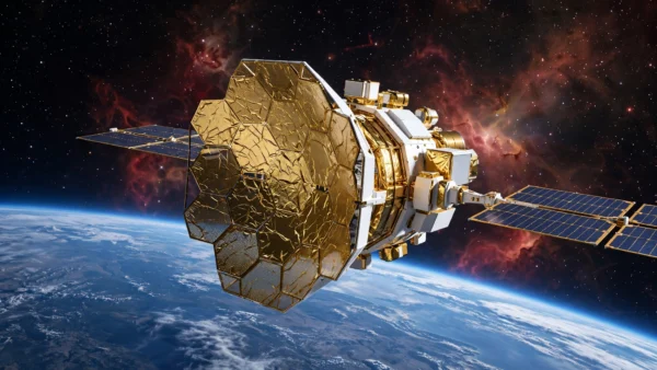 Gold NASA PRIMA far-infrared space telescope with solar panels orbiting above Earth against glowing red nebula clouds