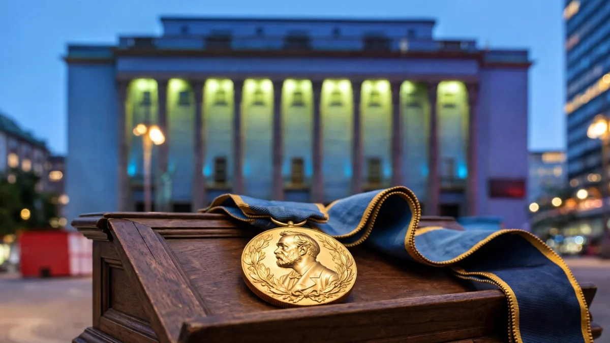 Gold Nobel Prize medal with blue-and-gold ribbon on a wooden lectern before the illuminated Stockholm Concert Hall at dusk.