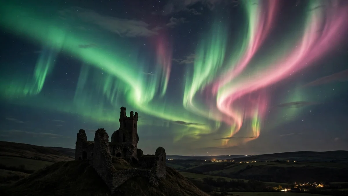 Green and pink aurora borealis ribbons sweeping across the night sky above a silhouetted castle ruin in rural England