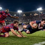 A Sydney Roosters winger diving to score a try over the line against Newcastle Knights defenders during the NRL Grand Final at a packed night stadium.