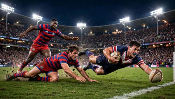 A Sydney Roosters winger diving to score a try over the line against Newcastle Knights defenders during the NRL Grand Final at a packed night stadium.