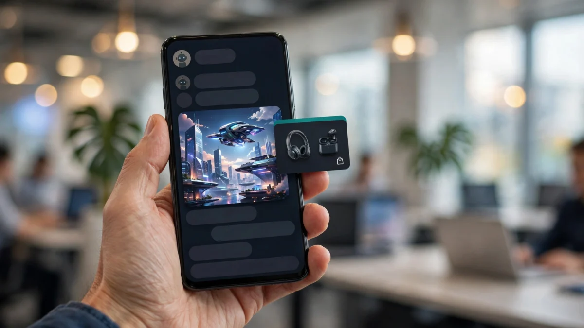 A hand holding a smartphone showing a chat interface generating an AI image, with a separate sponsored product card floating beside the generated picture
