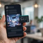 A hand holding a smartphone showing a chat interface generating an AI image, with a separate sponsored product card floating beside the generated picture