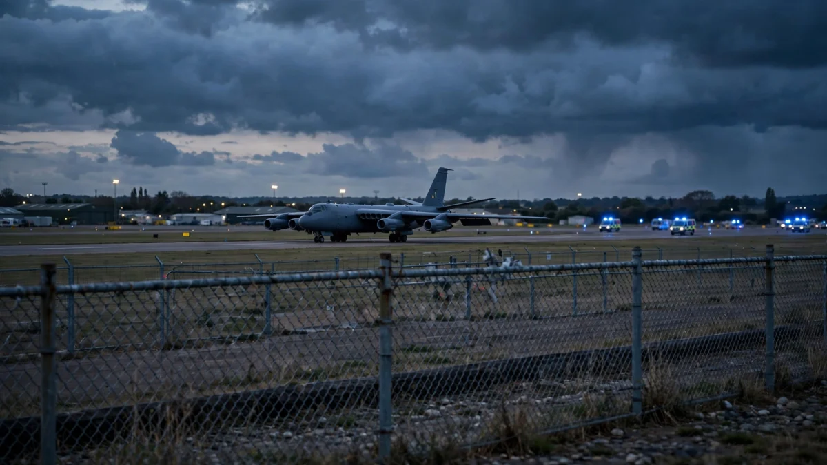 Photorealistic editorial image of a British military airbase at dusk with a large bomber aircraft on the runway and distant emergency service lights, no text.