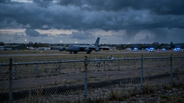 Photorealistic editorial image of a British military airbase at dusk with a large bomber aircraft on the runway and distant emergency service lights, no text.