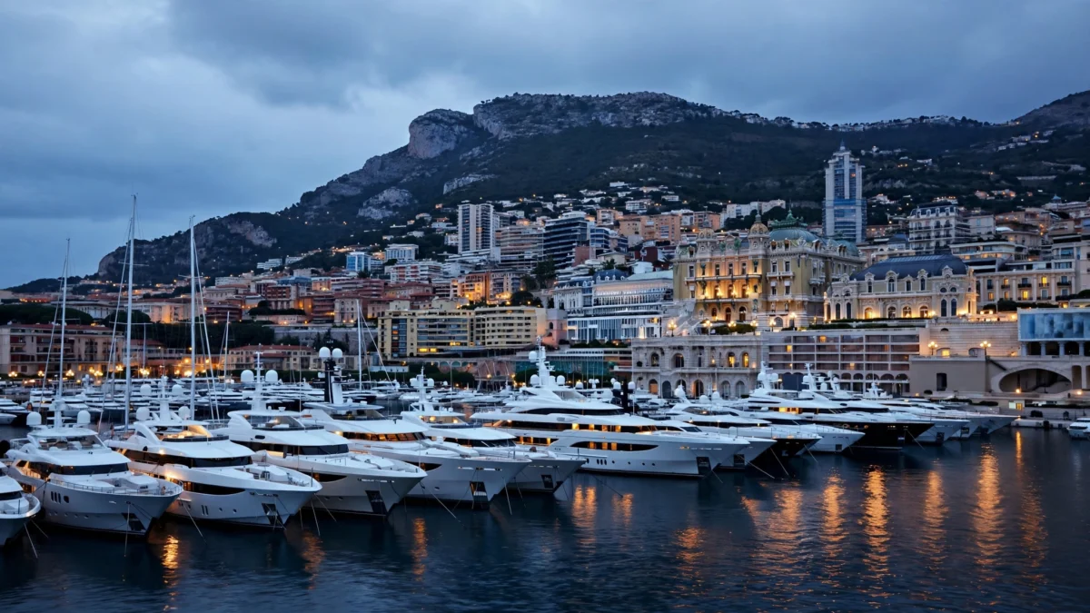 Superyachts moored in Monaco's harbour at dusk beneath the Monte Carlo skyline, where billionaire David Reuben has relocated after leaving Britain.