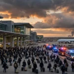 Travellers with luggage evacuating an international airport terminal at dusk as emergency vehicles with flashing lights gather on the forecourt, a grounded passenger jet on the tarmac and a thin column of smoke on the distant horizon